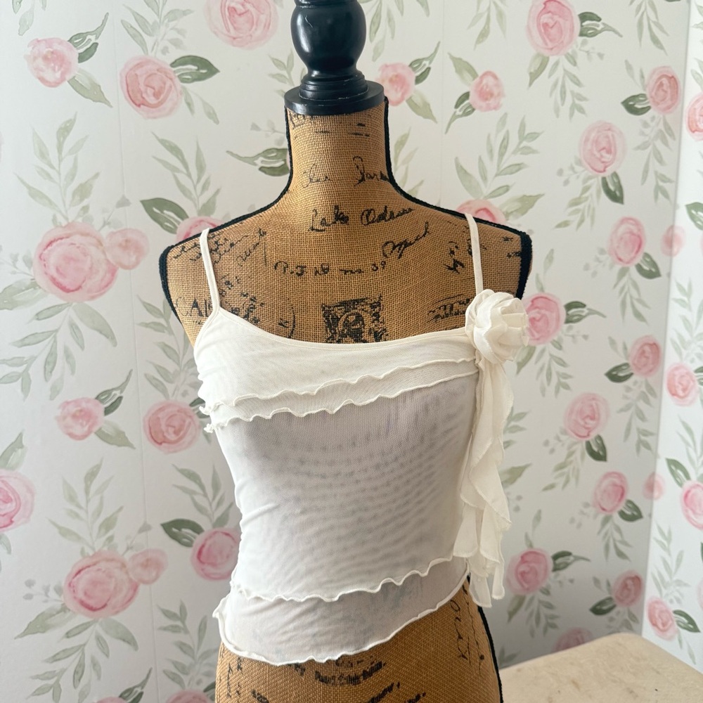 Ivory Sheer Cami With Rose & Ruffle Detail